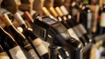 Closeup of a bar code scanner used to track and manage inventory in the wine cellar. Each bottle is scanned and inputted into a digital database for easy access and organization photo
