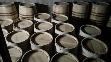 A stack of empty casks waiting to be filled with freshly fermented wine. Each one is clean and pristine with no signs of wear yet. The smooth pale wood stands out agains photo