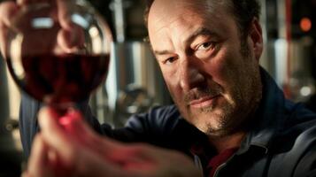 A winemaker checks the clarity of the red wine by holding a gl up to the light admiring its deep ruby color photo