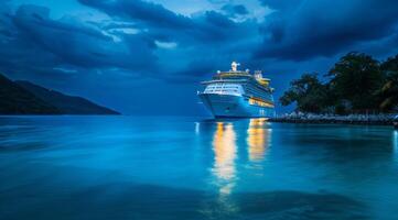 un grande crucero Embarcacion atracado cerca popular vacaciones recurso en un escénico ajuste en el Oceano foto