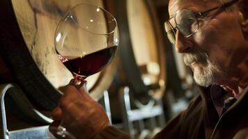 A winemaker holding a gl of bold red wine up to the light admiring its deep ruby color and fullbodied aroma photo