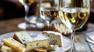 With a soft rustle a plate of gourmet cheese and crackers is p next to the gles. The sharp tang of aged cheddar and the creaminess of brie are the perfect accompaniments t photo