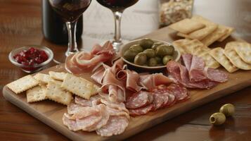 A rustic wood board is filled with charerie including slices of prosciutto salami and soppressata as well as olives and a variety of crackers. Paired with a gl of bold re photo
