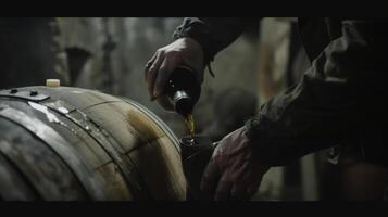 A tight shot of a winemakers calloused hands pouring wine from a barrel into a gl the liquid flowing smoothly and effortlessly as a result of their skilled movements. In th photo