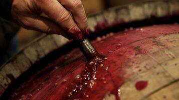 A meticulous hand dips a gl into a barrel of deep red wine drawing out a sample for tasting to ensure the perfect balance of flavors and aromas before bottling photo