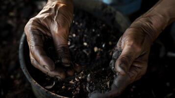 A farmers wrinkled hands sowing tiny seeds into dark nutrientrich soil preparing for the growth of exotic tropical vegetables photo