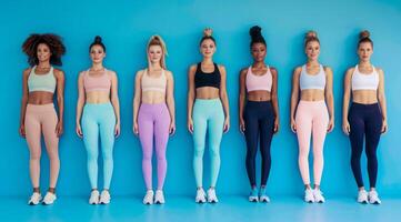 A group of slim attractive athletic women are standing in a row wearing different sportswear photo