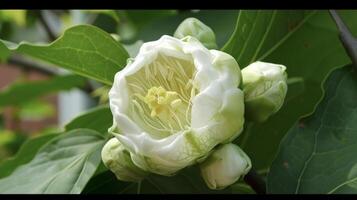 The buds now fully expanded into a beautiful delicate flower its petals intricately patterned and its center bursting with pollen photo