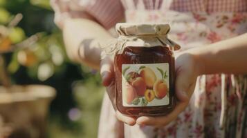 A woman holds a jar of homemade jam the label adorned with a handdrawn illustration of a variety of fruits. Inside the jar are chunks of juicy peaches plums and apricots preserve photo