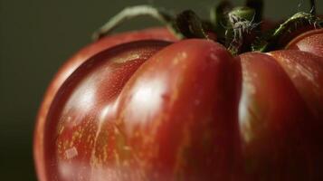 A closeup of a plump round tomato with a shiny smooth skin and deep crimson coloring photo