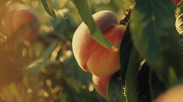A closeup of a juicy peach still on the tree its fuzzy skin a mix of soft oranges pinks and yellows photo