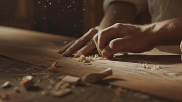 A woodworker using precise measurements and tools to shape the wood into a table his skilled hands ensuring every piece is and joined perfectly photo