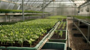 Rows of freshly germinated seedlings bask in the warm humid air of the greenhouses nursery. Each tiny plant holds the promise of future growth and abundance photo