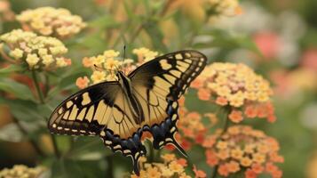 A closeup of a butterfly resting on a beautiful flower its wings gently fluttering. The flower serves as a source of nourishment and shelter for the butterfly and in retur photo
