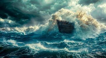 Noah Ark is in the water with a group of people and animals on it photo