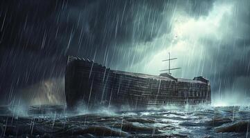 Noah Ark is in the water with a group of people and animals on it photo