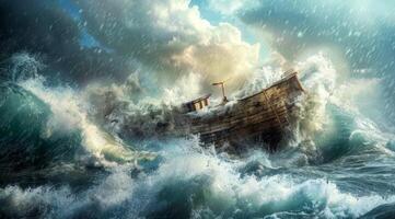 Noah Ark is in the water with a group of people and animals on it photo
