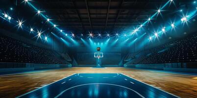 Sport arena before the game. The basketball court is empty and lit up with bright lights photo