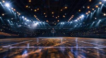 Sport arena before the game. The basketball court is empty and lit up with bright lights photo