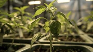 un de cerca de un joven pimienta planta en un invernadero sus hojas desplegarse y alcanzando hacia el ligero foto