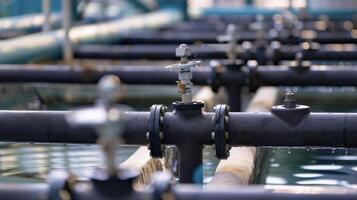 Closeup of a delicate intricate network of pipes and filters in an aquaculture facility allowing for efficient water circulation and maintenance photo