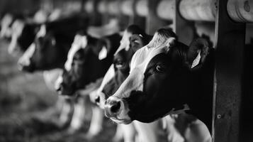 Rows of black and white cows line up at the milking parlor eagerly waiting their turn to be milked photo