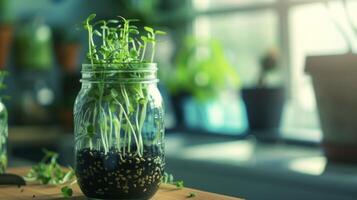 A quartsized mason jar filled with sprouting seeds ready to be transplanted into a small indoor hydroponic system photo