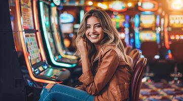 atractivo dama en casino apuesta su dinero en casino máquinas esperando para un ganar foto