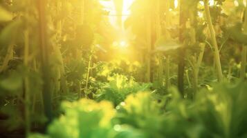 Sunlight filtering through the transparent panels rows of vibrant lettuce plants in a warm glow photo