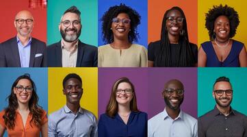 Diverse group of men and women posing for portraits. Multiple portraits with colored backgrounds photo