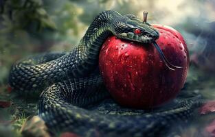 Temptation of Adam and Eve, forbidden fruit in garden of eden leads to primal sin photo