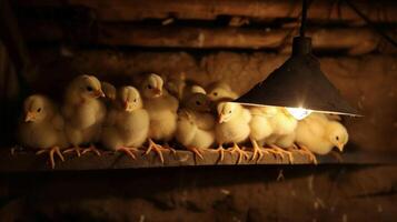 un grupo de mullido amarillo bebé polluelos acurrucado juntos debajo un calor lámpara en un acogedor oculto granero. elevado para su carne estos pollos son mantenido seguro y calentar Hasta que ellos reaccionar foto