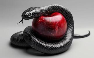 Temptation of Adam and Eve, forbidden fruit in garden of eden leads to primal sin photo