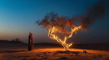 Moses looking at the burning bush. Bible stories and miracles, god manifestation, . photo