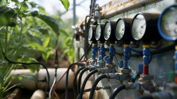 A detailed image of the control panel for a drip irrigation system with various dials and gauges indicating water pressure flow rate and irrigation schedule. This technolog photo
