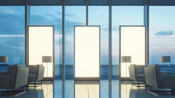 Soft lighting illuminates the empty billboards in the stylish airport lounge creating a blank canvas for businesses to showcase their brand photo