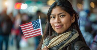 A patriot woman holding American USA flag and smiling while voting in local elections photo