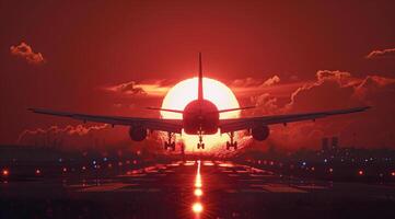Plane landing at the airport with passengers and tourists returning from vacation photo