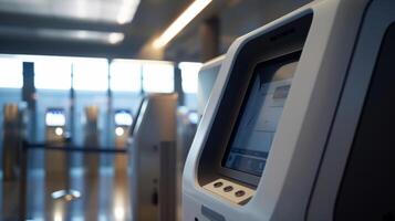 A closeup of the selfservice baggage drop off kiosk reveals a futuristic display screen that seamlessly guides travelers through the checkin process making it efficient an photo