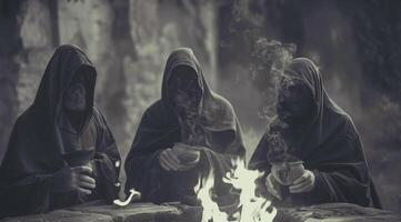 miembros de un culto secta. Tres encapuchado mal cifras sentar alrededor un fuego en un ritual foto