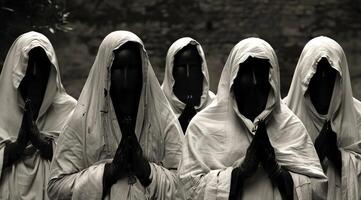 Members of a cult sect. Three hooded evil figures sit around a fire in a ritual photo