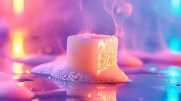 A closeup of a melting wax cube releasing a burst of fragrance into the air photo