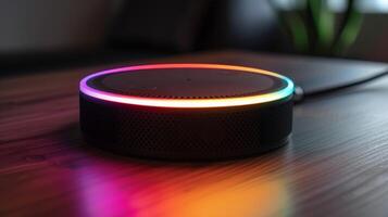A view of the hubs builtin voice istant with a colorful light ring indicating when it is activated and ready for commands photo