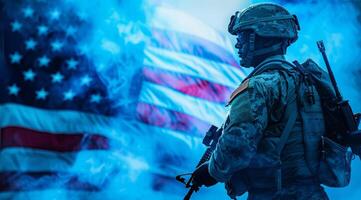americano patriota soldado estar en frente de el bandera. concepto de luchando para libertad y democracia foto