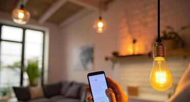 The energy efficiency of a smart light bulb with the ability to track and monitor energy usage through a connected app photo