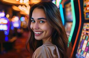 Attractive lady in casino betting her money in casino machines hoping for a win photo