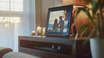 A zoomed in shot of the hubs touch screen display which also functions as a digital photo frame displaying a family photo in crisp detail
