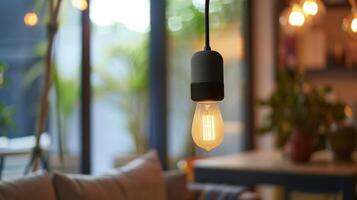 A closeup of a smart light bulb with a builtin speaker allowing for music to be played directly from the bulb photo