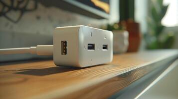 A macro shot of a smart plugs builtin USB charging ports providing an additional charging option for devices without using up an outlet photo