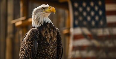 un calvo águila soportes en frente de un americano bandera foto